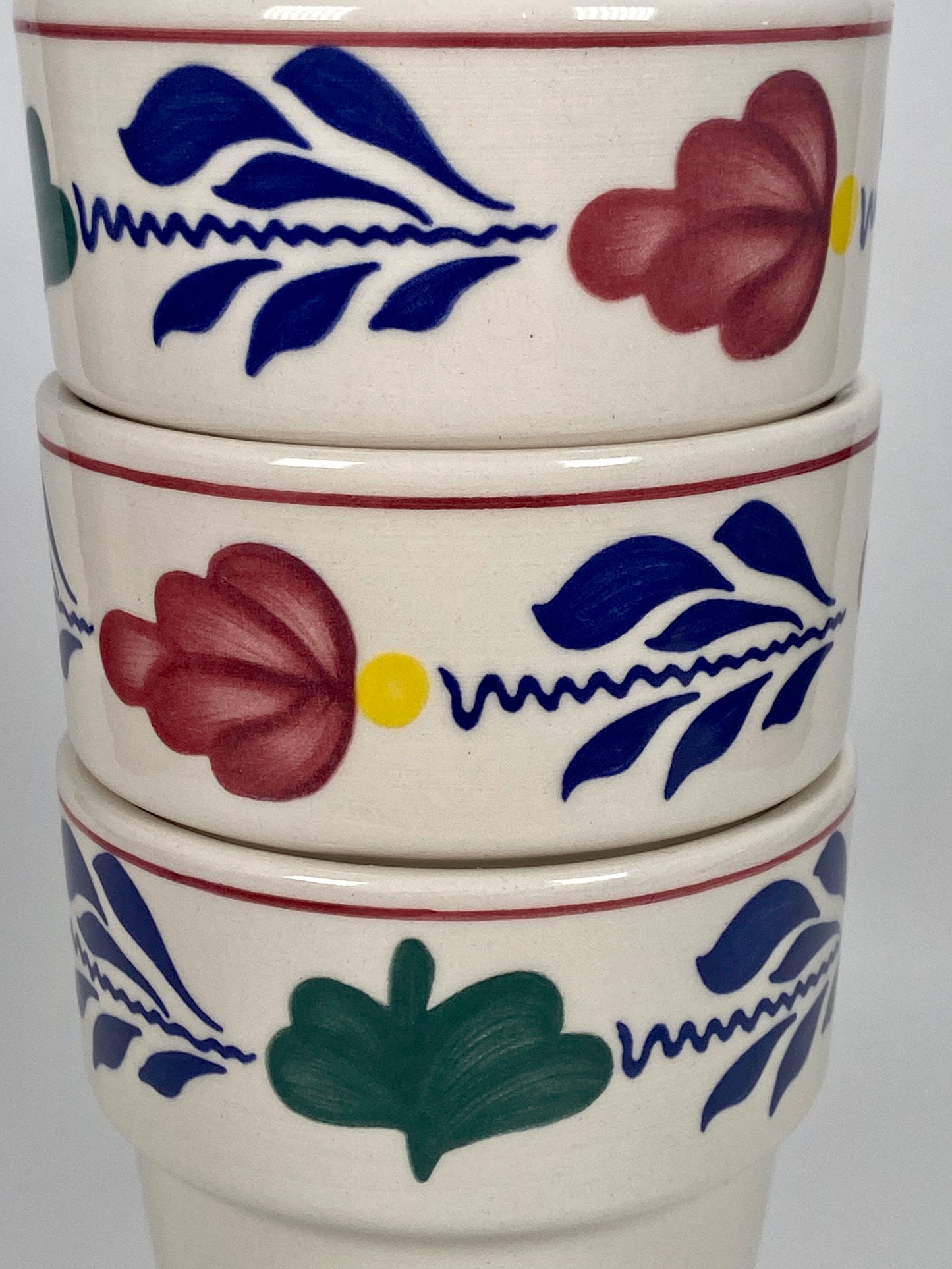 3 milk mugs showing Dutch Boerenbont pattern with blue red and yellow leaves - Big Bite Dutch Treats