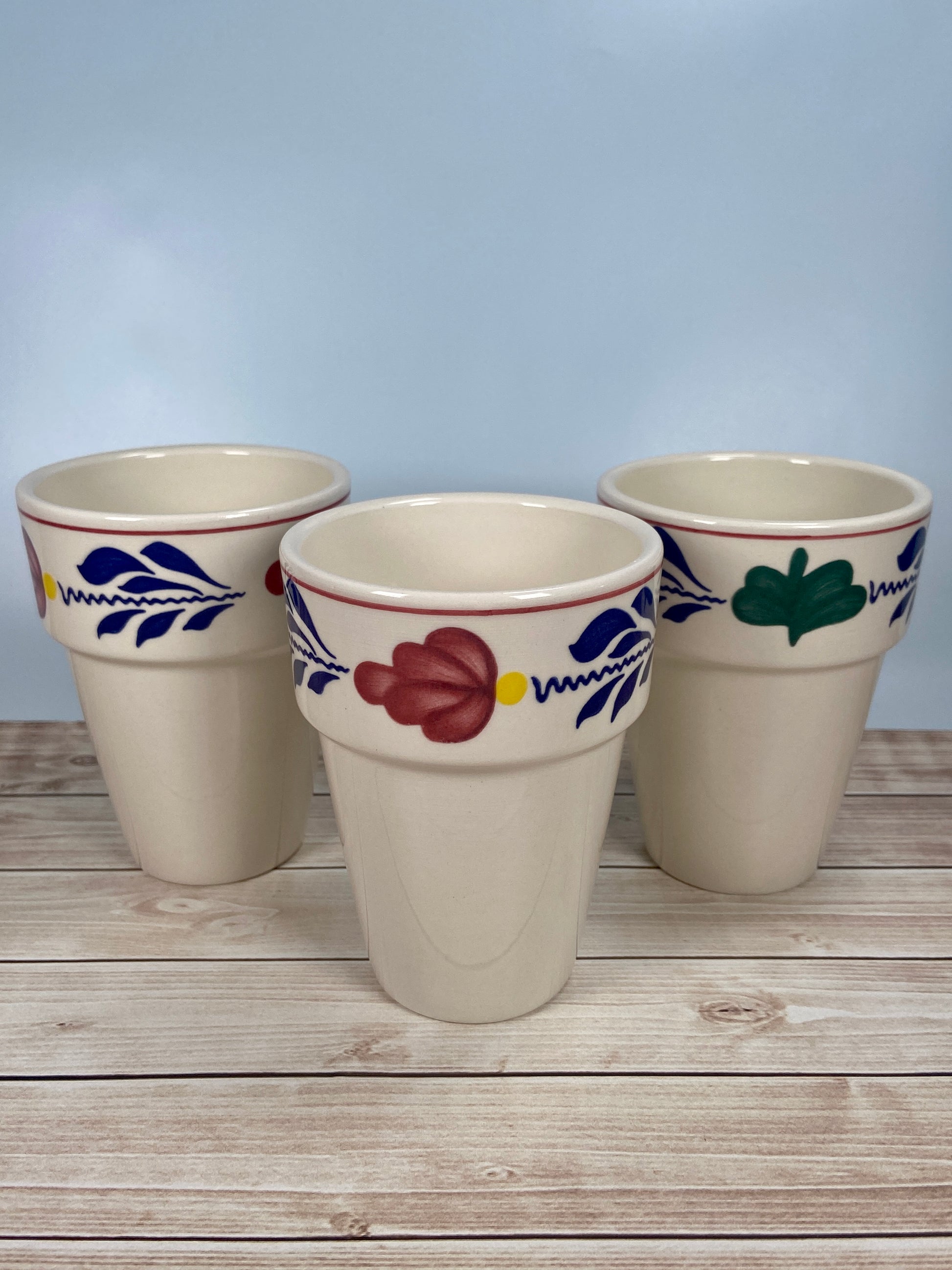 3 porcelain mugs with Dutch  Boerenbont pattern of green blue and red leaves and flowers - Big Bite Dutch Treats